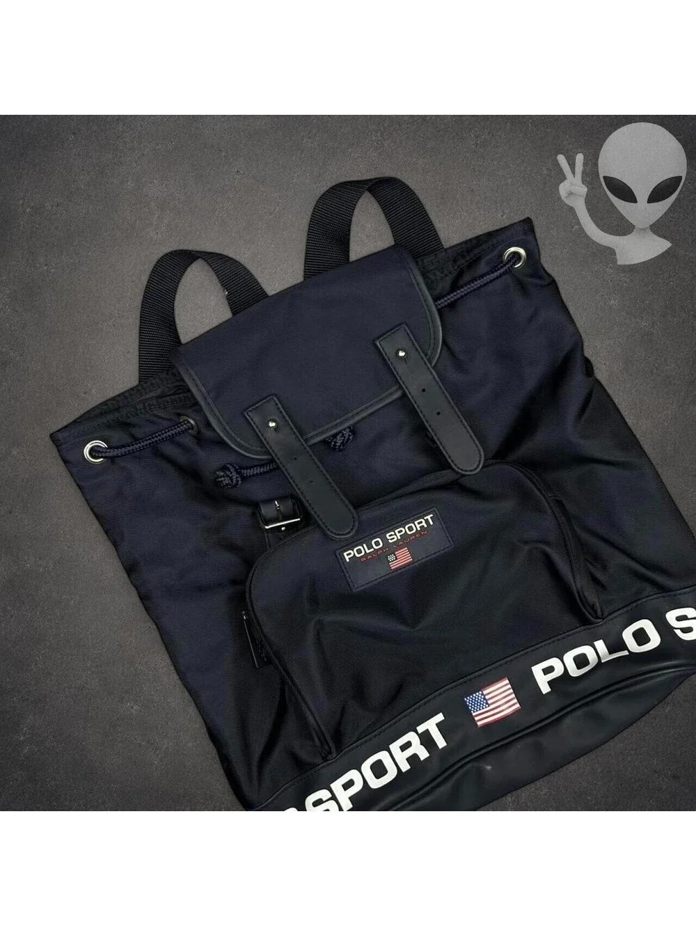 Vintage Polo Sport Ralph Lauren Black Nylon Drawstring Backpack Bag 90s